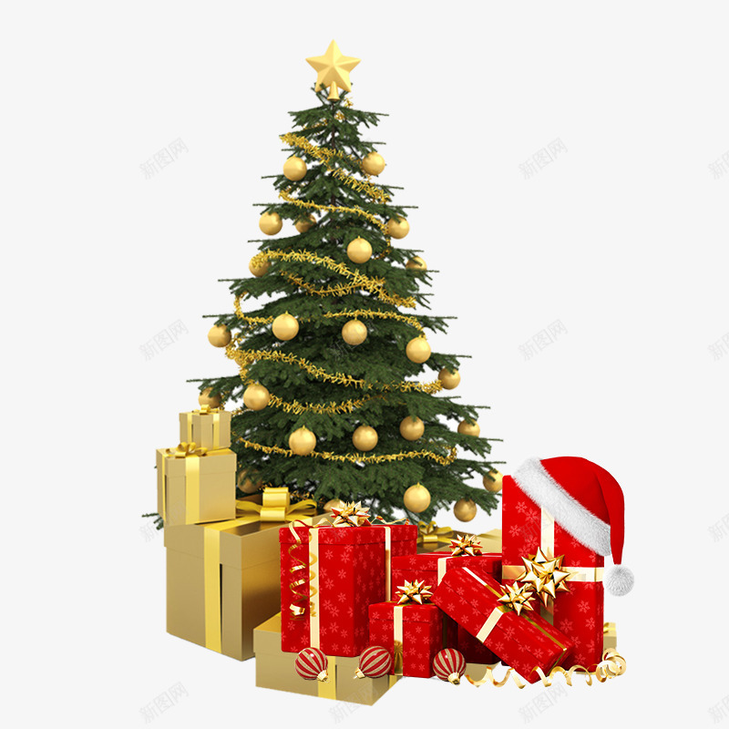 绿色圣诞树节日元素psd免抠素材_新图网 https://ixintu.com 喜庆 礼物 红色帽子 绿色圣诞树 节日 金色彩球