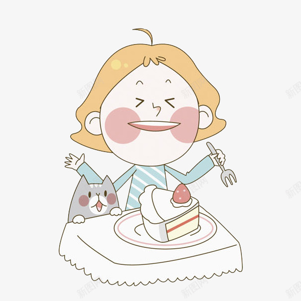 吃蛋糕的女生场景图png免抠素材_新图网 https://ixintu.com 卡通 女人 小猫 插图 甜食 草莓 蛋糕叉子 高兴地