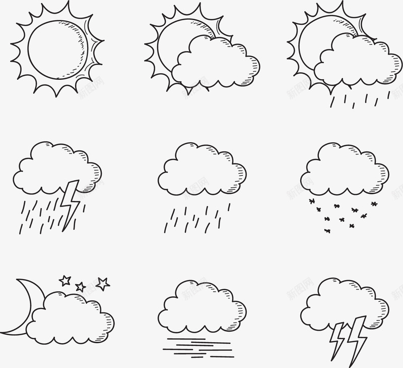 手绘天气预报图案矢量图eps免抠素材_新图网 https://ixintu.com 下雨 下雪 天气 天气预报 手绘 打雷 晴天 矢量素材 阴天 矢量图