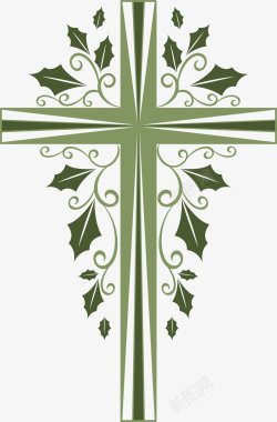 基督教圣诞节绿色冬青树藤十字架高清图片