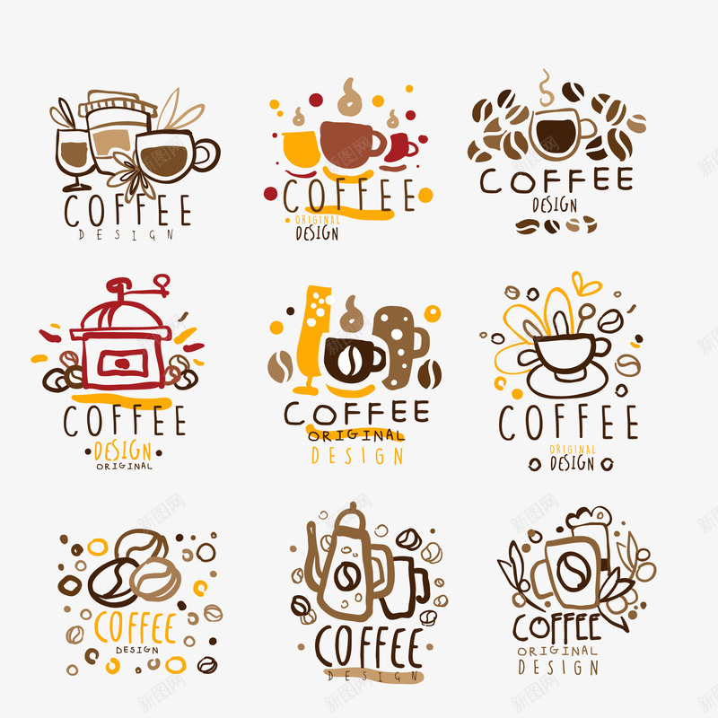彩绘咖啡标志矢量图ai免抠素材_新图网 https://ixintu.com 创意 卡通 可爱 咖啡 彩绘 手绘 标志 贴纸 矢量图