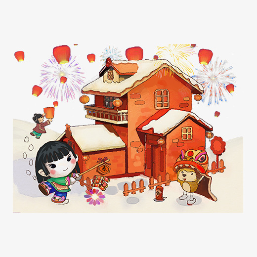 一栋手绘的雪乡新年房屋psd免抠素材_新图网 https://ixintu.com 下雪 小孩 房屋 手绘 放烟花 新年 灯笼 雪乡