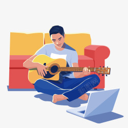 人物介绍手绘卡通沙发前弹吉他的男人高清图片