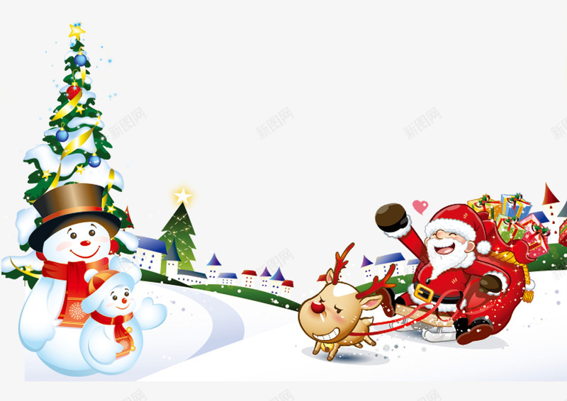 圣诞节雪人圣诞老人png免抠素材_新图网 https://ixintu.com 免抠圣诞树 圣诞树 圣诞老人 红色的雪球 雪地里的树木 麋鹿拉雪橇