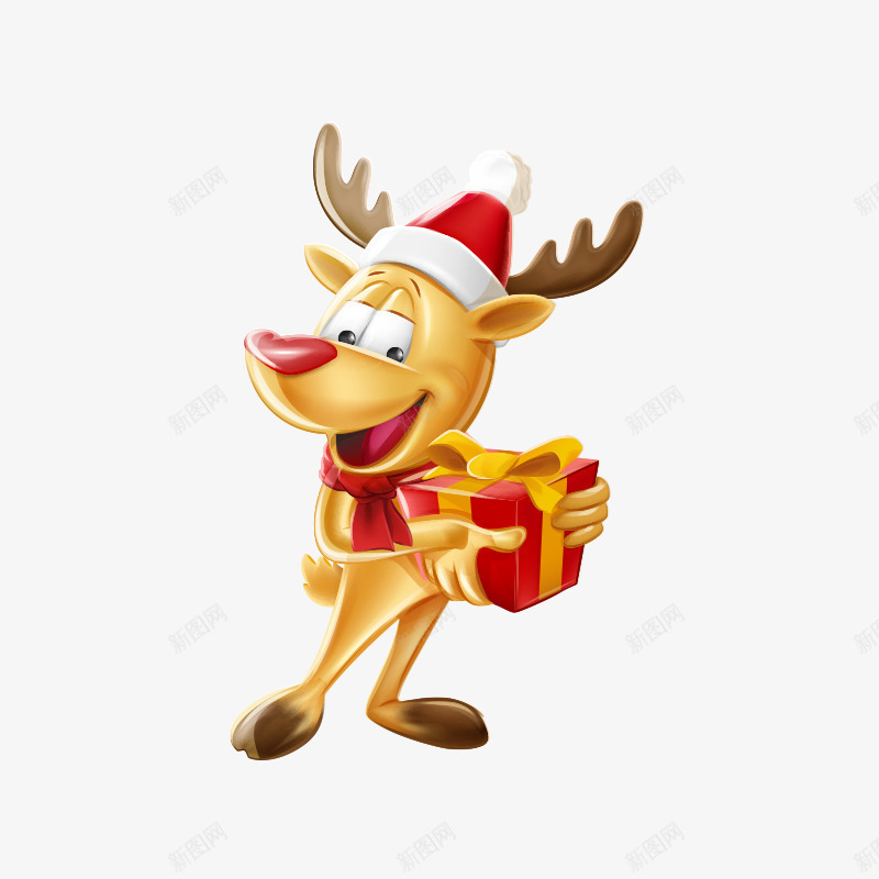 抱着礼物的麋鹿png免抠素材_新图网 https://ixintu.com 卡通形象 圣诞节 圣诞角色 红色礼盒 节日 麋鹿