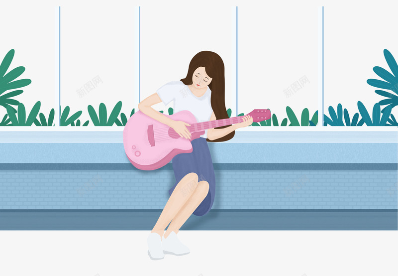 卡通手绘女孩坐在阳台上弹吉psd免抠素材_新图网 https://ixintu.com 免抠卡通手绘女孩坐在阳台上弹吉他免费下载 卡通 女孩坐在阳台上 弹吉他 手绘 植物装饰 粉色的吉他 绿叶