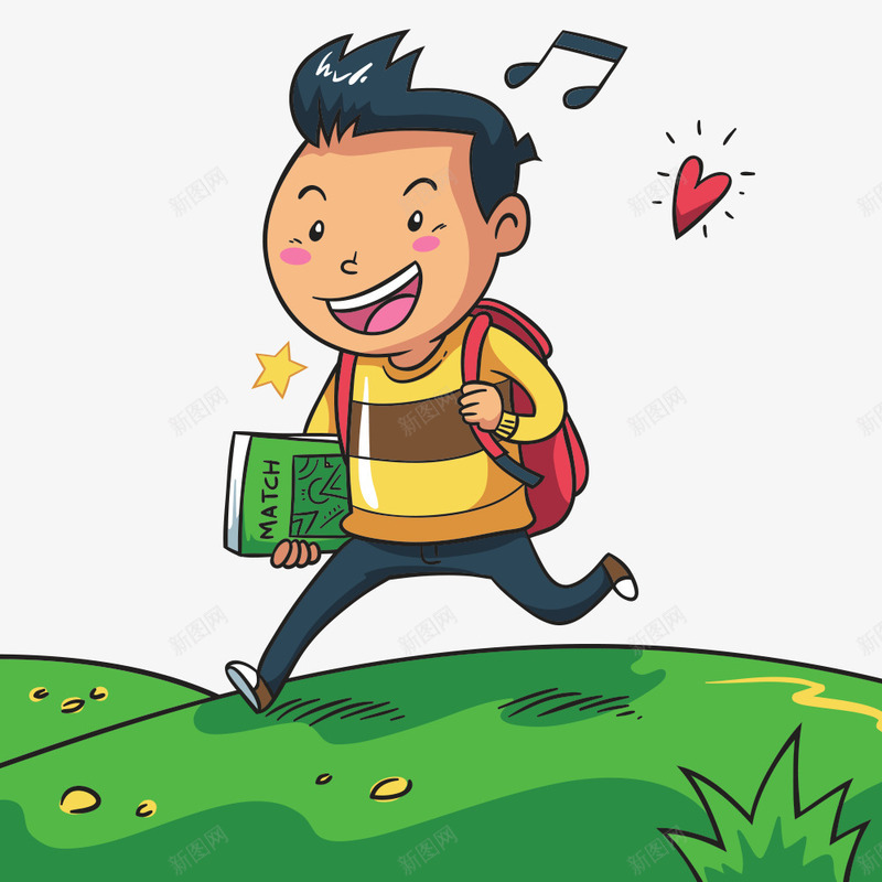 卡通边跑边唱的男孩png免抠素材_新图网 https://ixintu.com 唱歌 孩子 孩子唱歌 星星 爱心 男孩 草地 草坪 装饰物 课本 跑步 音符 高兴