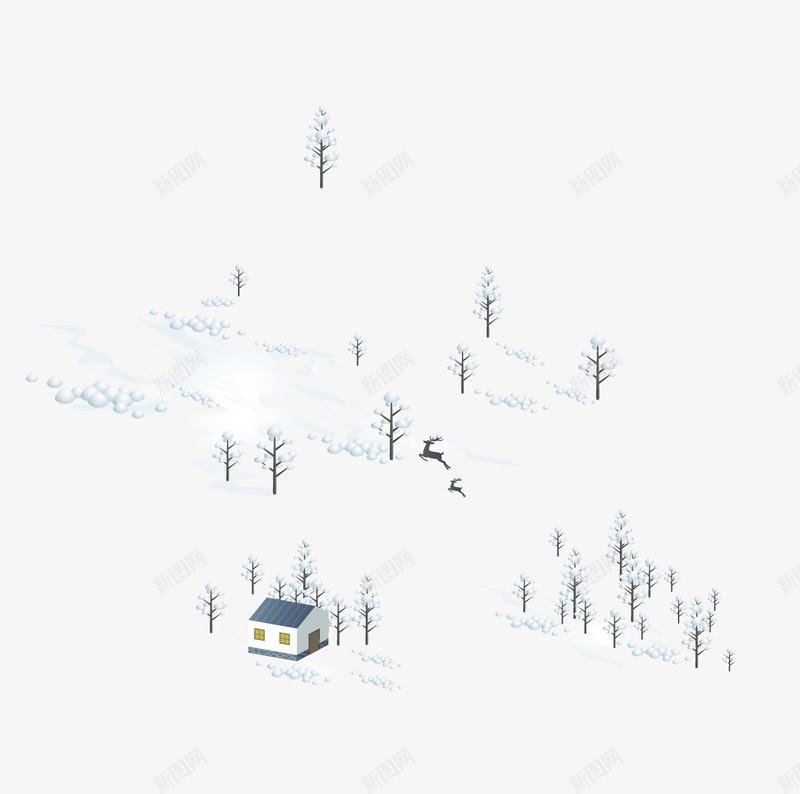 雪中的房子和驯鹿矢量图ai免抠素材_新图网 https://ixintu.com 圣诞节 房子 雪景 驯鹿 矢量图