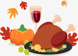西方节日感恩节的卡通火鸡大餐和美酒高清图片