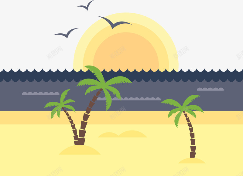 手绘海滩和日出png免抠素材_新图网 https://ixintu.com 卡通 度假 手绘 日出 日落 海滩
