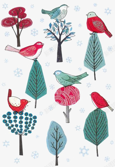 小鸟和树png免抠素材_新图网 https://ixintu.com 创意小鸟 动物 动物背景 卡通 小树 手绘 雪花