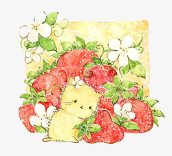 日系盖被手绘小猫咪与草莓高清图片