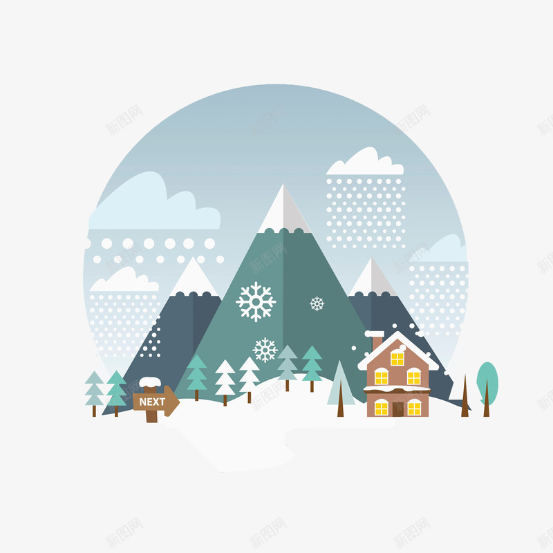 雪中的山和房屋png免抠素材_新图网 https://ixintu.com 卡通 商务 彩色 房屋 扁平风格 手绘 松树 雪山