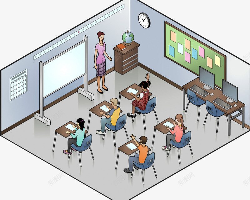学校教室psd免抠素材_新图网 https://ixintu.com 俯视 教室模型 模板 电子白板 电脑桌 空间 课室