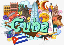 古巴建筑英文地标手绘素材