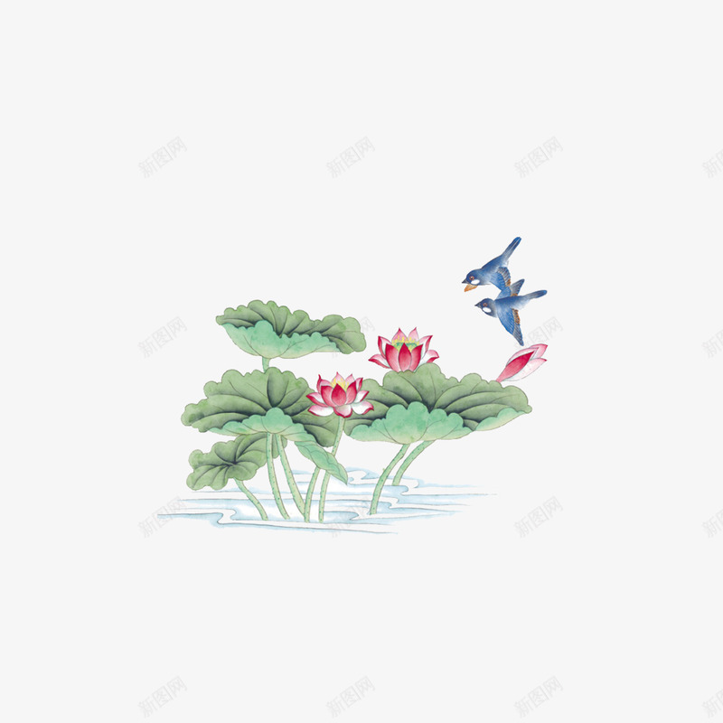花朵png免抠素材_新图网 https://ixintu.com 小鸟 花 荷叶 荷花 鸟儿