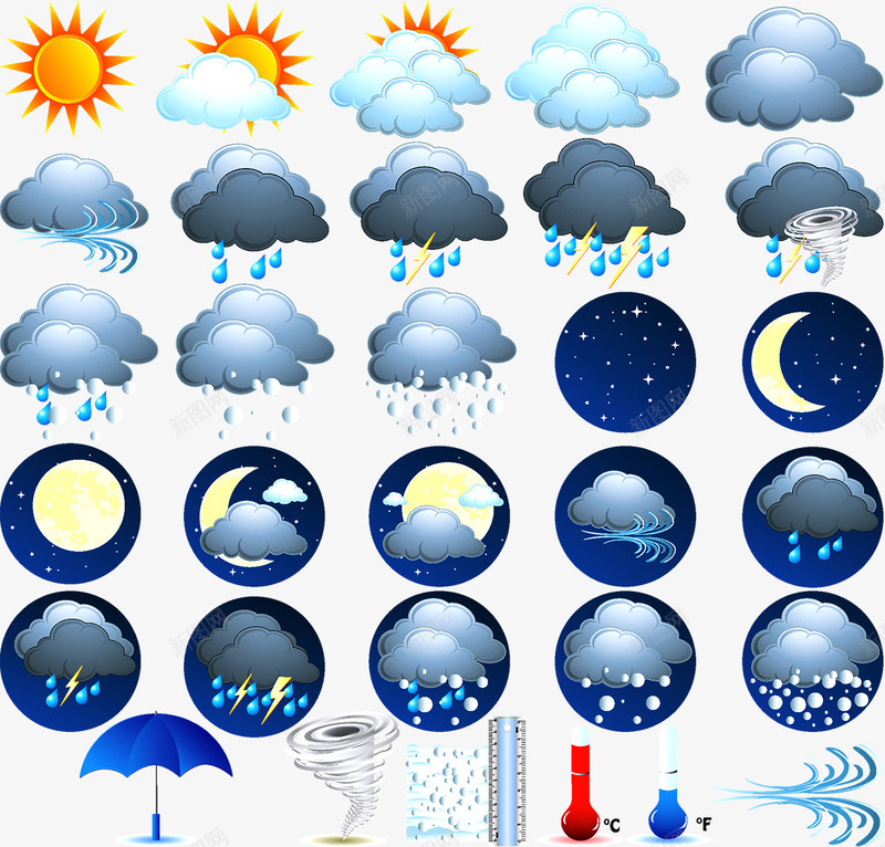 天气预报图标png_新图网 https://ixintu.com 下雨 下雪 图标 天气 晴天 闪电 预报