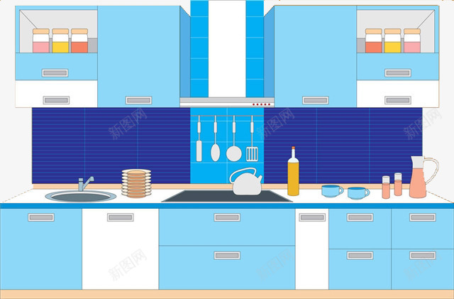 蓝调厨房装修png免抠素材_新图网 https://ixintu.com 一体式 卡通手绘 厨具 厨房台 家具家居 洗手台 蓝色系