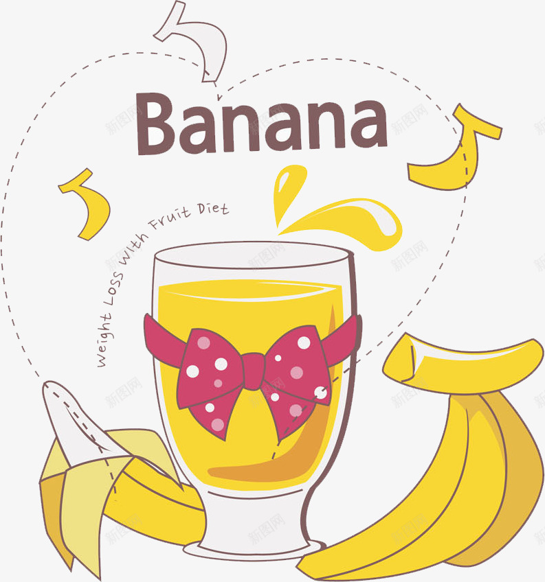 水彩香蕉果汁图png免抠素材_新图网 https://ixintu.com 卡通手绘 杯子 果汁 水果 蝴蝶结 饮品 饮料 香蕉