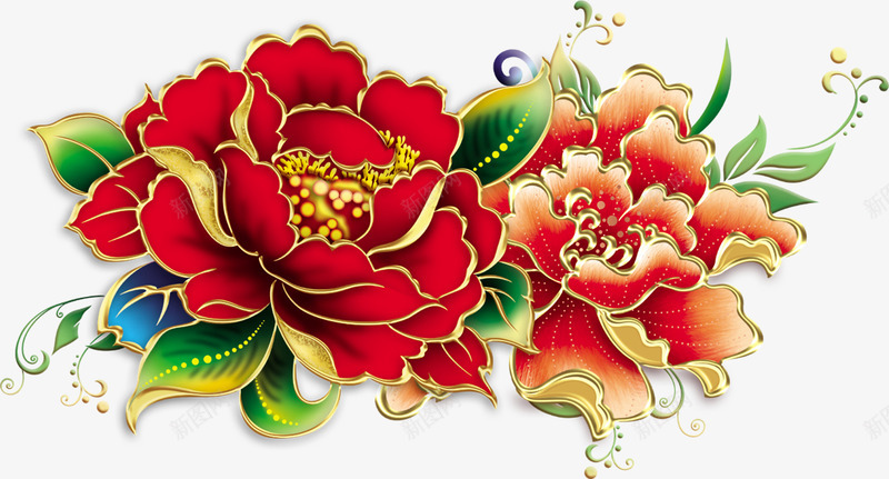 金边牡丹花png免抠素材_新图网 https://ixintu.com 中国风的红花 典雅的牡丹 带金边的牡丹花 牡丹花卉 红色花卉