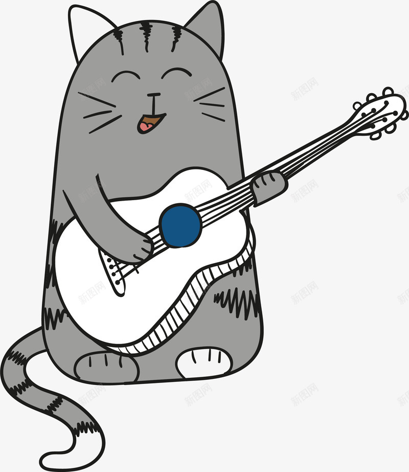 灰色猫咪png免抠素材_新图网 https://ixintu.com 可爱 吉他 尾巴 微笑 手绘 灰色 猫咪 耳朵