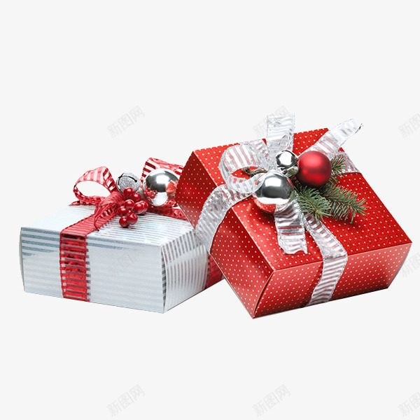 两个礼物盒子png免抠素材_新图网 https://ixintu.com 圣诞节 盒子 礼品 红色 装饰球 银色