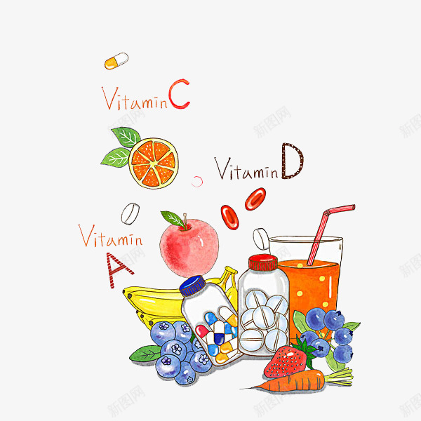 维生素ACDpng免抠素材_新图网 https://ixintu.com 卡通 手绘 杯子 果汁 橙子 水果 维生素 药片