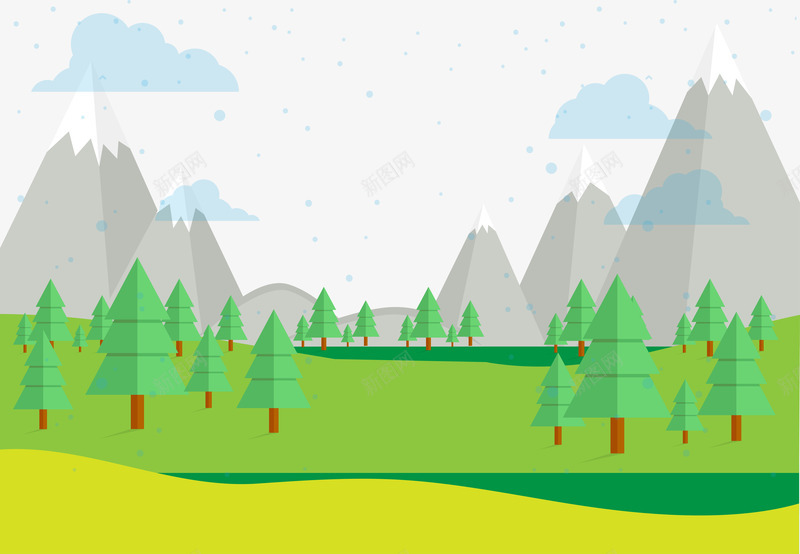 一片草地矢量图ai免抠素材_新图网 https://ixintu.com 山峰 松树 绿地 蓝天草原 雪山 矢量图