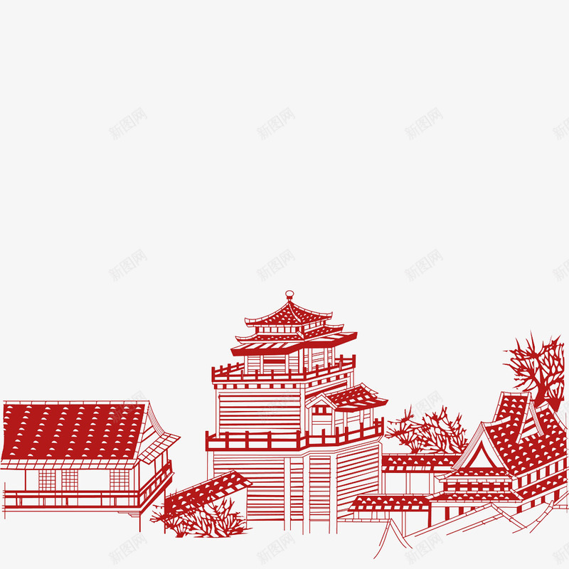 房屋建筑png免抠素材_新图网 https://ixintu.com 中国风 传统图案剪纸 剪纸 古典花纹 房屋建筑 红色