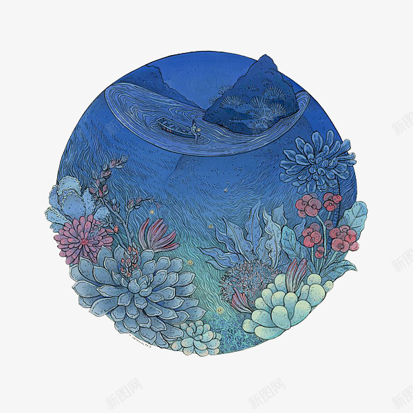 海水png免抠素材_新图网 https://ixintu.com 圆形 多肉 手绘 植物 海洋 蓝色