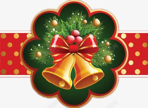 圣诞铃铛图png免抠素材_新图网 https://ixintu.com 红色蝴蝶结 绿色底色 金色彩球 黄色铃铛