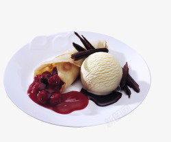 巧克力浆白色盘子里的冰淇淋甜品高清图片