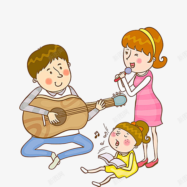 唱歌的父母png免抠素材_新图网 https://ixintu.com 一家人 卡通 吉他 唱歌 小女孩 简笔 话筒