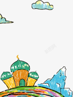 儿童蜡笔画蜡笔画雪山建筑云彩高清图片