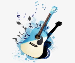 吉他与纸张背景图片蓝色水墨和吉他片高清图片