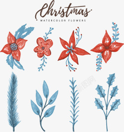 叶片手绘水彩圣诞节花朵装饰矢量图高清图片