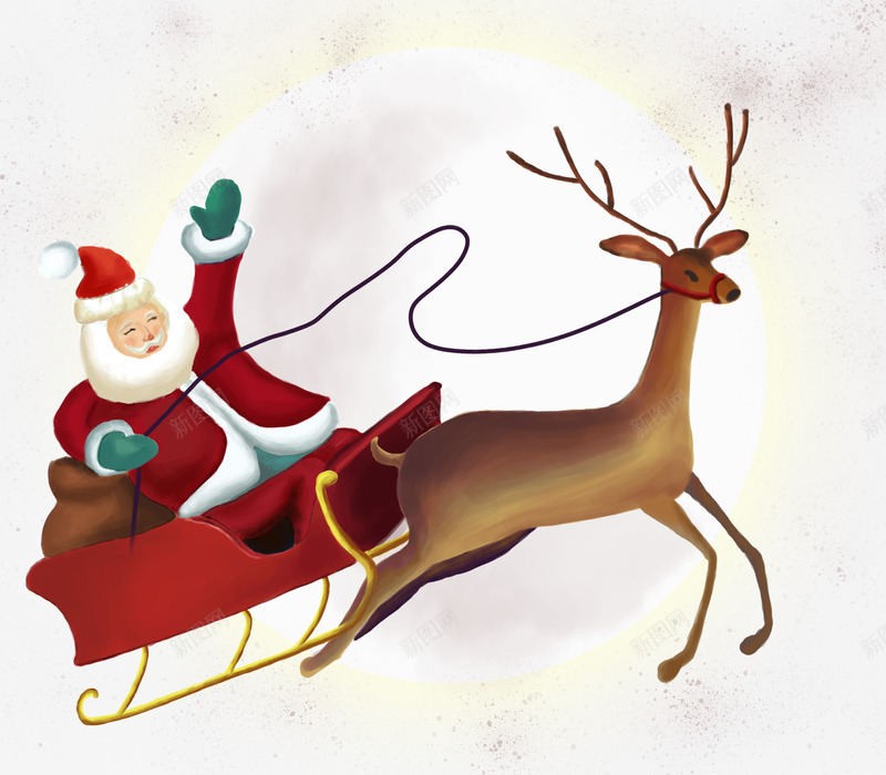 送礼物的圣诞老人png免抠素材_新图网 https://ixintu.com 卡通手绘 圣诞老人 圣诞节 月亮 装饰图案 送礼 驾车 麋鹿
