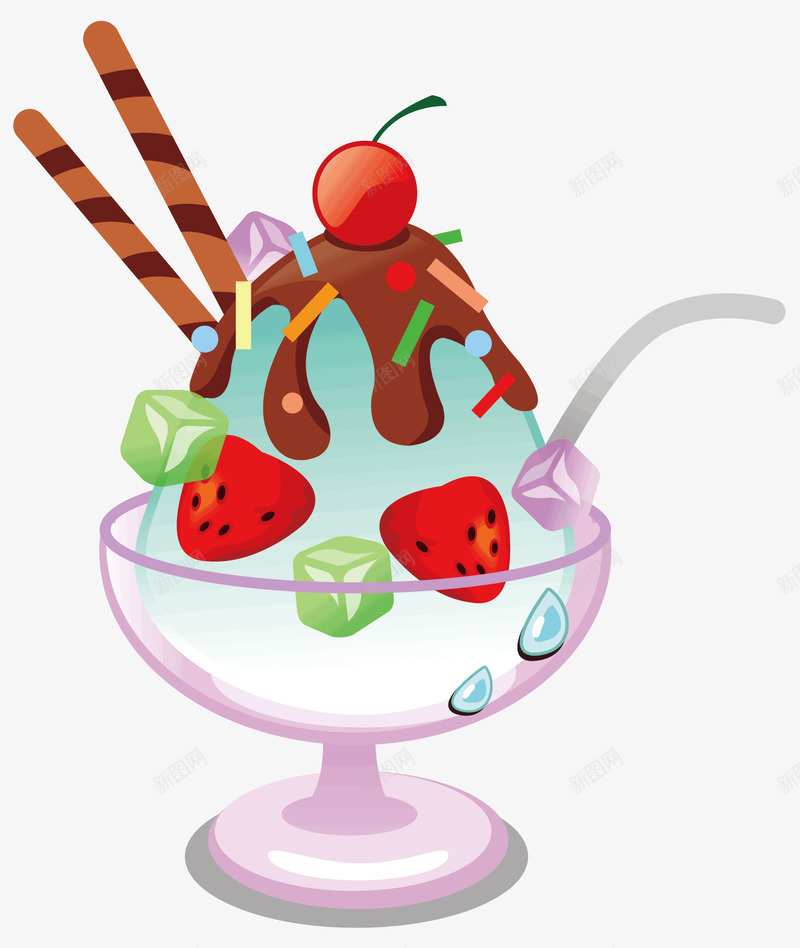 一杯冰淇淋png免抠素材_新图网 https://ixintu.com 冰淇淋 夏天 巧克力果酱 巧克力棒 绿色的果肉 草莓 食物