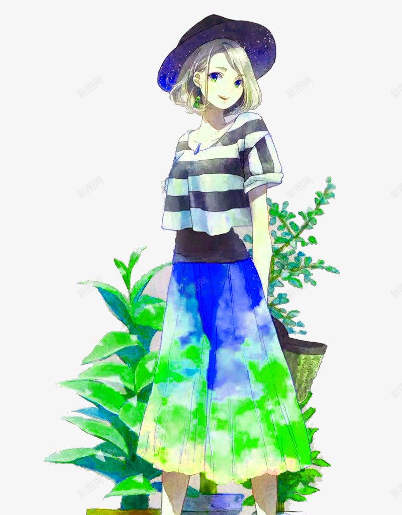 手绘女孩png免抠素材_新图网 https://ixintu.com 女孩 手绘画 盆栽 矢量装饰 装饰