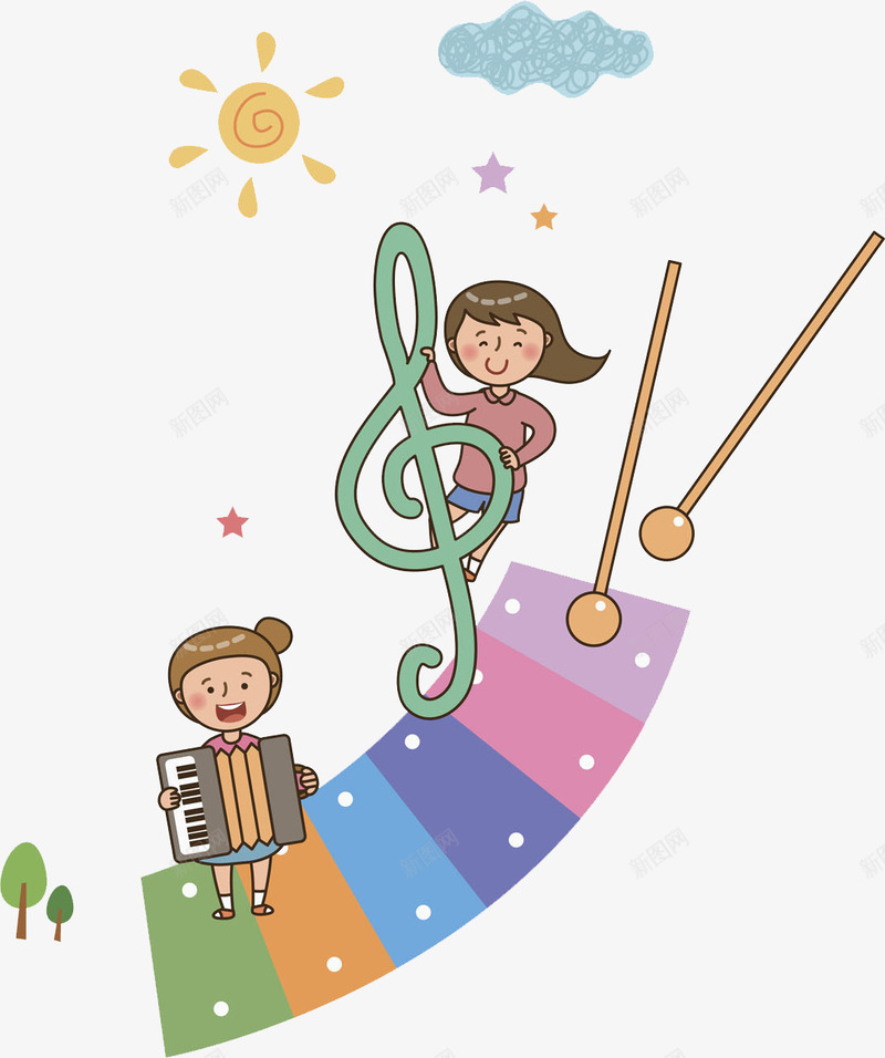 两个音乐女孩png免抠素材_新图网 https://ixintu.com 人物 卡通 太阳 女孩 彩色 手绘 手风琴 歌唱 母亲 音符 鼓槌
