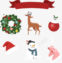 丝带帽子圣诞麋鹿与雪人高清图片