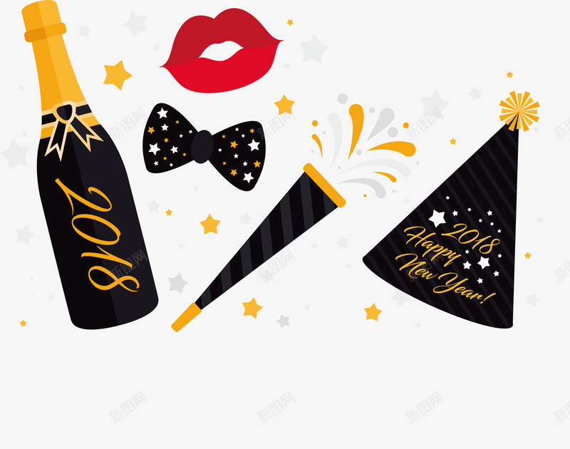 新年狂欢派对香槟酒png免抠素材_新图网 https://ixintu.com 2018元旦 2018新年 新年派对 星星花纹 矢量png 香槟酒