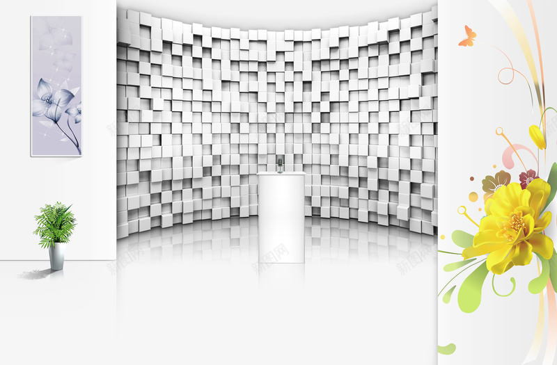 概念3D墙psd免抠素材_新图网 https://ixintu.com 创意 商务 盆栽 立体墙