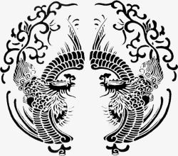 龙型雕纹中国风黑色凤凰对称纹样高清图片