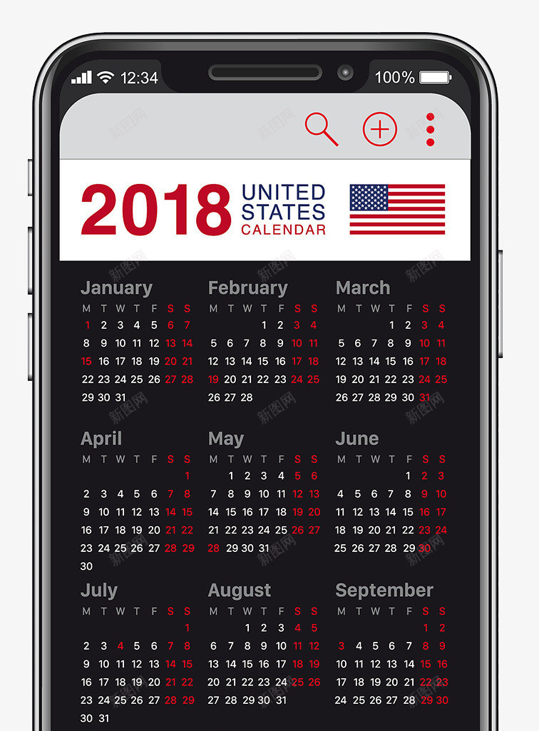 2018手机美国日历png免抠素材_新图网 https://ixintu.com 2018新年 元旦 手机 数字 新年快乐 日历 时间 智能手机 程序 美国国旗