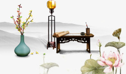中国风陶瓷荷花花瓶大气中国风古风荷花荷叶高清图片