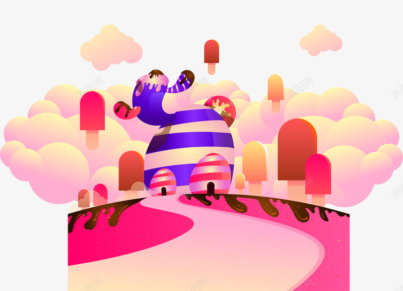 粉色糖果png免抠素材_新图网 https://ixintu.com 卡通有趣 矢量图案 简约装饰 粉色云朵 道路 雪糕