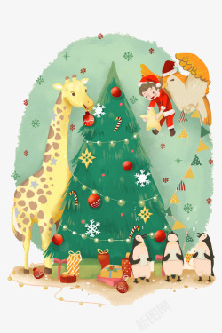 圣诞故事圣诞树和长颈鹿高清图片