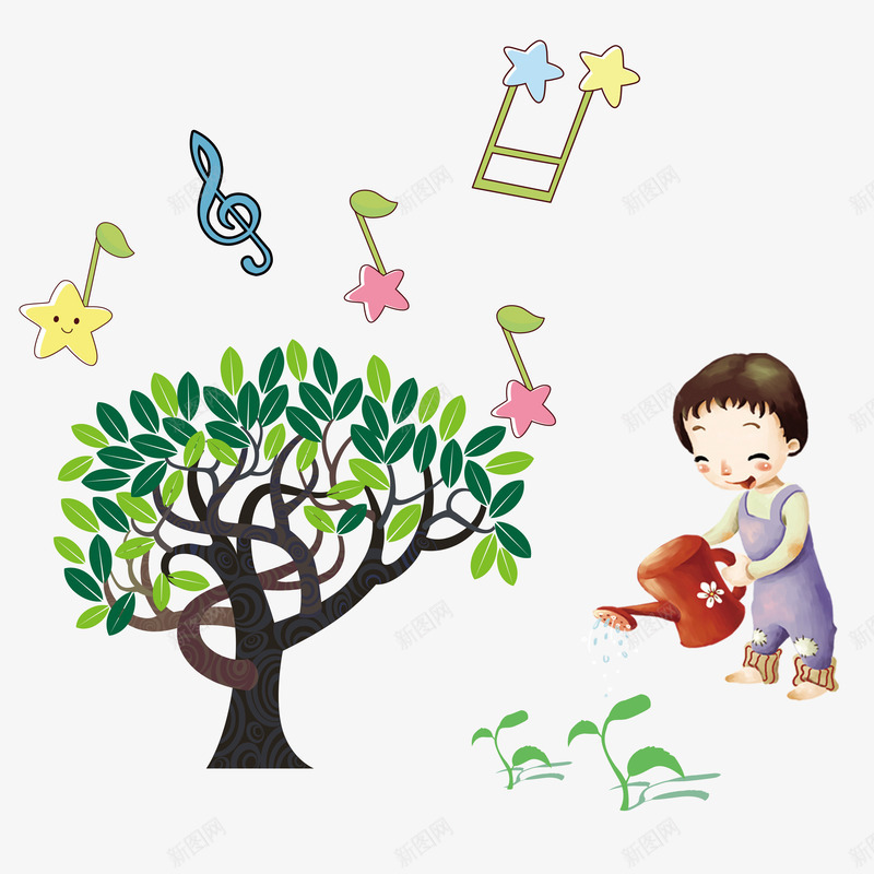 给树浇水的小孩png免抠素材_新图网 https://ixintu.com 五角星 可爱的小孩 大树 嫩芽 植树节 洒水壶 音符