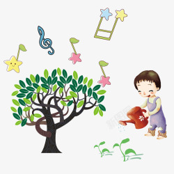 提水壶的小孩给树浇水的小孩高清图片